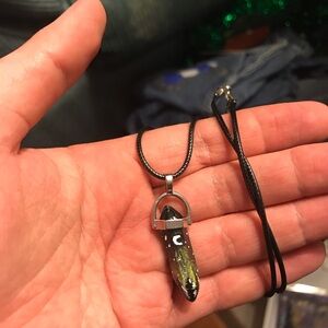 Black Cord Crystal Pendant Necklace with Yellow-Green Accent
